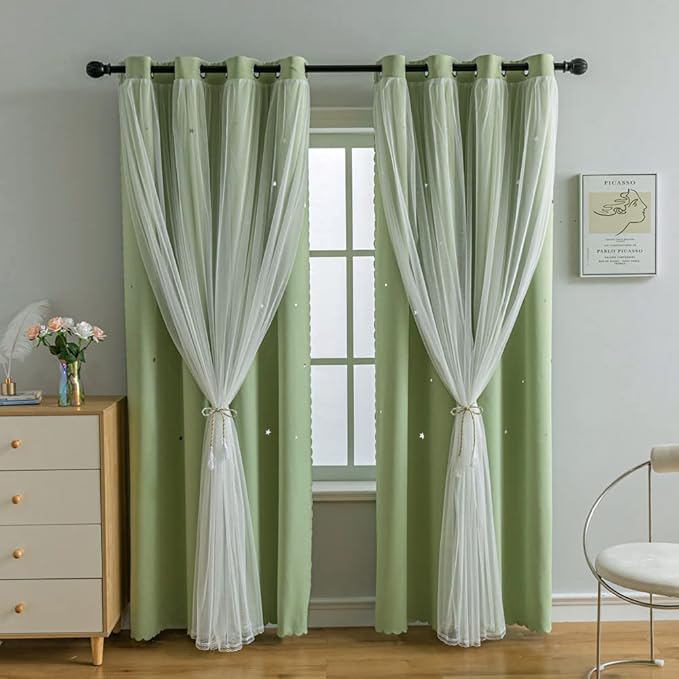 FANLI 2 Panels Star Blackout Curtains for Kid Girls Bedroom Living Room Darking Stripe Double Layer Star Cut Out Wall Home Decor Gradient Grommet Window Curtains (Green 95L)
