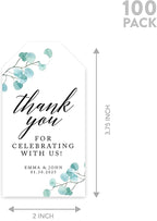 Andaz Press 100-Pack Personalized Thank You for Celebrating with Us Wedding Favor Tags with Bakers Twine Silver Dollar Eucalyptus Custom Cardstock Wedding Gift Tags for Party Favors 2 x 3.75-Inches