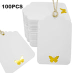 100Pcs Blank Gift Tags with String, Foil Gold Butterfly Large Gift Tags with 65 Ft Jute Twine White Paper Cute Tags for Birthday Baby Shower Wedding Party Gift Wrap Tags