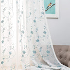 Sheer Curtains Blue 45 Inch Embroidered Floral, Rod Pocket Voile Drapes for Living room, Bedroom, Window Treatments Semi Crinkle Curtain Panels for Yard, Patio, Villa, Parlor, Set of 2, 52"x 45".