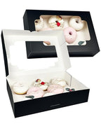 qiqee Auto-pop up Black Cookie Box with Window 12x8x2.5 inch 18 Packs Two Uses One Second Folding Pastry Biscuit Bakery Box for Packaging