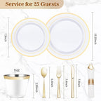 BESTVIP 175PCS Gold Plastic Dinnerware Set, Disposable Party Plates for 25 Guests, Include: 50 Plastic Plates, 25 Pre Rolled Napkins with Gold Silverware, 25 Cups for Christmas, Halloween