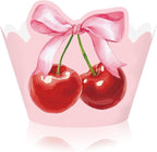 36Pcs Pink Bow Cherry Cupcake Wrappers Pink Red Bowknot Cherry Cupcake Liners Sweet Decorative Dessert Holders for Birthday Baby Shower