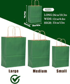 qiqee 50-Packs Kraft Deep Green Paper Gift Bags with Handles Bulk 13"x10.3"x4.6" Large Size Party Favor Bags Multiple Uses