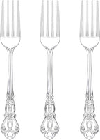 75PCS Silver Plastic Forks - 8.1inch Silver Forks Disposable - Vintage Heavy Duty Dessert Forks - Premium Fancy Plastic Silverware for Parties, Weddings, Dinners and Events
