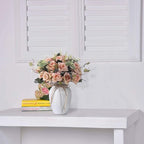 LESING Artificial Rose with Vase,Fake Silk Flowers Bouquets in Vase Table Centerpiece Arrangement for Kitchen Living Room (Pink)