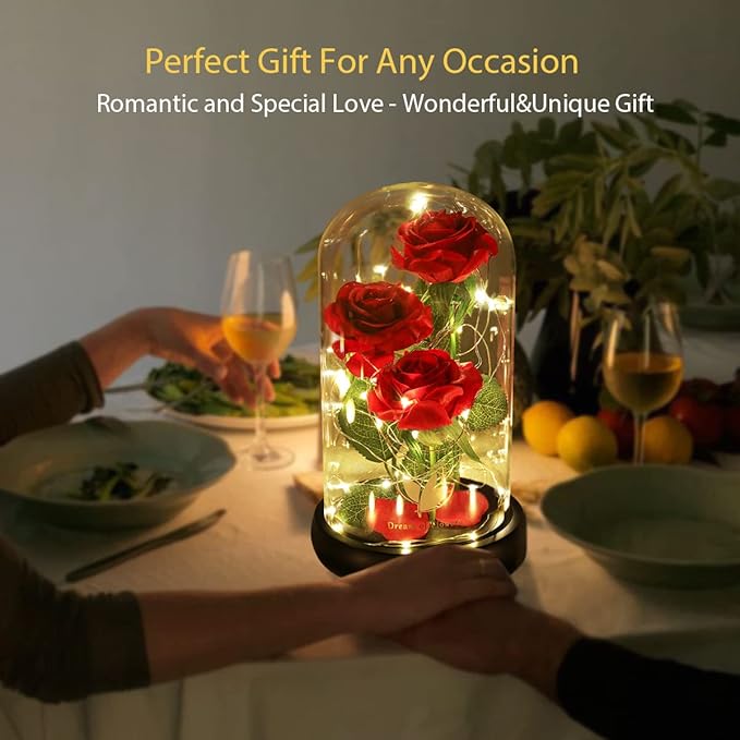 Beauty and The Beast Rose,Eternal Flower with 40 LED Lights Up in Glass Dome,Gifts for Mom,Birthday Gifts for Women,Wife,Girlfriend,Graduation,Anniversary,Christmas,Mothers Day-Classic Red Rose