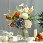LESING Dahlia Flower Aritificial Flower with Vase Fake Silk Flowers in Glass Vase Faux Rose Flowers Arrangement for Home Office Table Centerpiece Decoration (Blue)