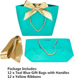 HUAPRINT Gift Bags with Handles,7.48×3.54×7.9 inches,Party Favor Bags with Bow Ribbon,12Pcs Teal Blue Paper Bags for Birthday Wedding Bridesmaid Holiday