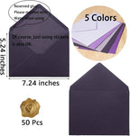 50 Pack Colored A7 Invitation Envelopes 5x7 with Gold Stickers for Cards and Invitations, 5 Colors (Purple, 5 1/4 x 7 1/4 inches)