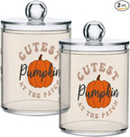 Gredecor 2 Pack Apothecary Jars with Lid Cutest Pumpkin Qtip Holder Dispenser Storage Containers Clear Plastic Cute Rustic Fall Autumn Thanksgiving Theme Canisters for Bathroom Vanity Organization