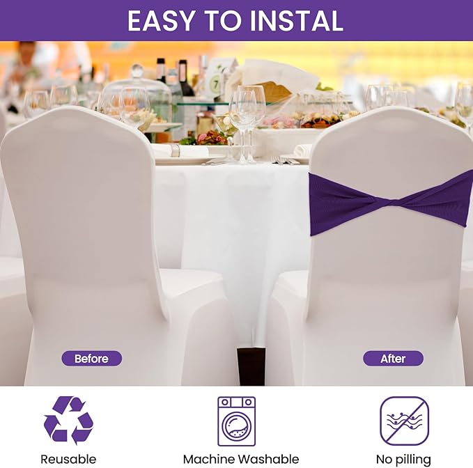 Kinlop 50 Pcs Spandex Chair Sashes Bows Chair Bands Slider Sashes for Covers Elastic Bands Ties Without Buckle Decorations for Wedding Party Events Ceremony Birthday(Purple)