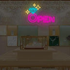Diamond Open Indoor Neon Sign For Jewelry Store Custom Led Neon Sign Business Decor Store Decor Diamond LED Light Wall Art Decoration, 16.5"x11", Pink