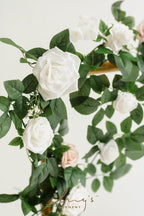 Ling's moment 5FT White Artificial Flower Garland Fake Rose Green Leaves Floral Garland Arch Flowers Vine for Wedding Party Backdrop Decor Mantel Home Table Centerpieces Window Decorations