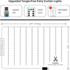 2 Pack Fairy Curtain Lights Upgraded Tangle-Free Warm White USB Plug in 8 Modes String Hanging Lights with Remote for Christmas, Bedroom, Indoor, Outdoor, Weddings, Party (6.6FTx6.6FT)