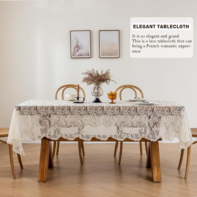 Lace Embroidered Tablecloth. Rectangle Lace Vintage Tablecloth Dustproof Table Protector for Kitchen Dining Room Party Banquet Home Picnic Wedding Decoration (Creamy White 98×53 inch)