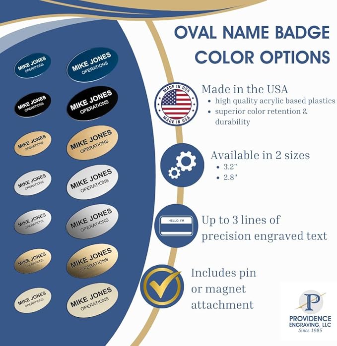 Custom Engraved Name Tag Badges – Personalized Identification with Pin or Magnetic Backing, 3.2 Inch Oval, Silver/Black