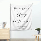 Our Love Story Continues Backdrop Custom Tapestry with Names and Date Personalized Calligraphy Banner for Ceremony Rustic Wedding Sign Reception Arch