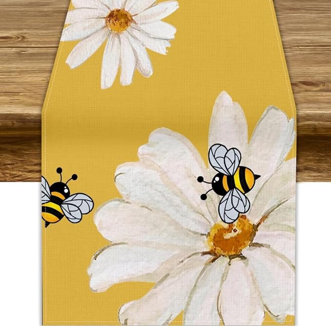 Daisy Flower Table Runner, Summer Spring Seasonal Watercolor Wildflower Yellow Bee Print Table Cover for Home Party Decor Kitchen Dining Table, 13x60inch