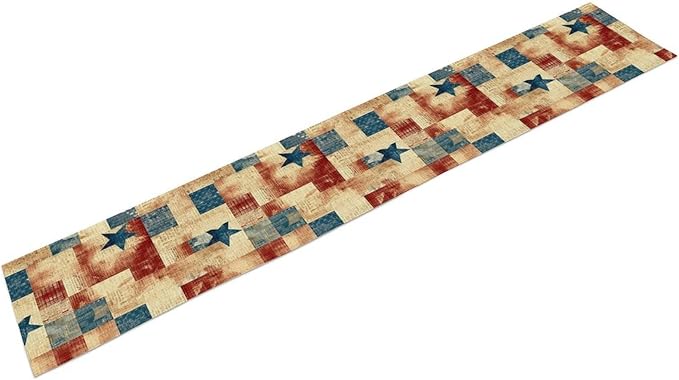 4th of July Table Runner, Rustic Vintage Country Red White Blue American Stars Independence Day Print Table Cover for Farmhouse Kitchen Dining Table Decor, 13x36inch
