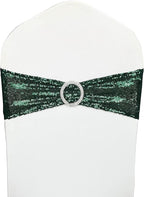 100 Pcs Chair Sashes Sequin Stretch Chair Bands Dark Green Spandex Polyester Bows for Party Hotel Wedding Banquets Decoration - Hunter Emerald Green