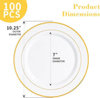 N9R 100PCS Gold Plastic Plates, 10.25 inch White Disposable Dinner Plate with Gold Rim, Heavy Duty Plates for Party Wedding and Birthday
