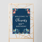Andaz Press Personalized Extra Large Birthday Easel Board Party Sign, 12x18-inch, Vintage Bohemian Flowers on Navy Blue, Welcome to Olivia's 50th Birthday, 1-Pack, Custom Name Age