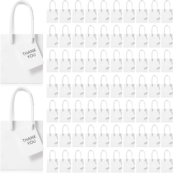 Sherr 100 Pack Mini Gift Bags Bulk, 4 x 2.75 x 4.5 Inches Paper Bags with Tags, Extra Small Paper Gift Boxes with Handles for Birthday, Party Favors, Weddings, Small Business(White)