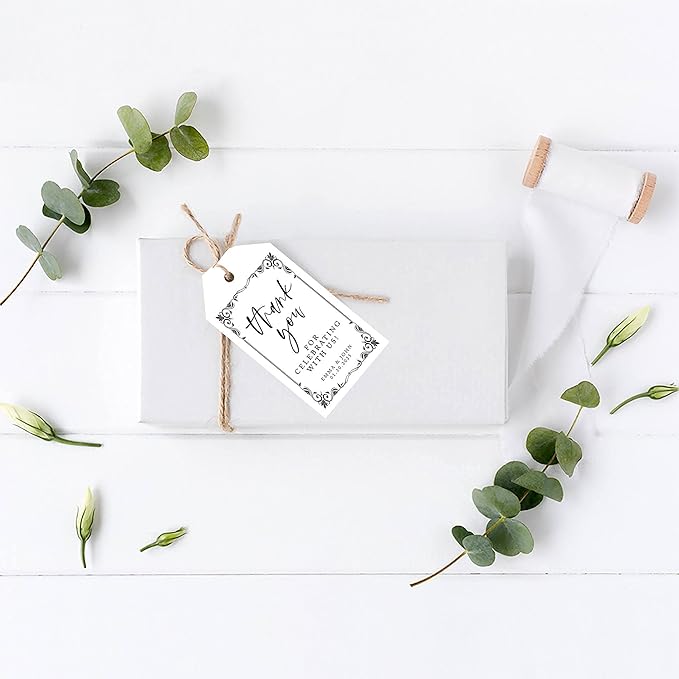 Andaz Press 100-Pack Personalized Thank You Tags with Bakers Twine Art Deco Custom Cardstock Gift Tags for Wedding Party Favors 2 x 3.75-Inches