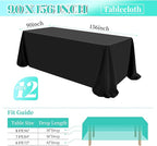 12 Pack Polyester Tablecloth 90 x 156 Inch Black Tablecloth for 8 Ft Rectangle Tables,Washable Fabric Table Covers Polyester Table Clothes for Wedding Parties Banque