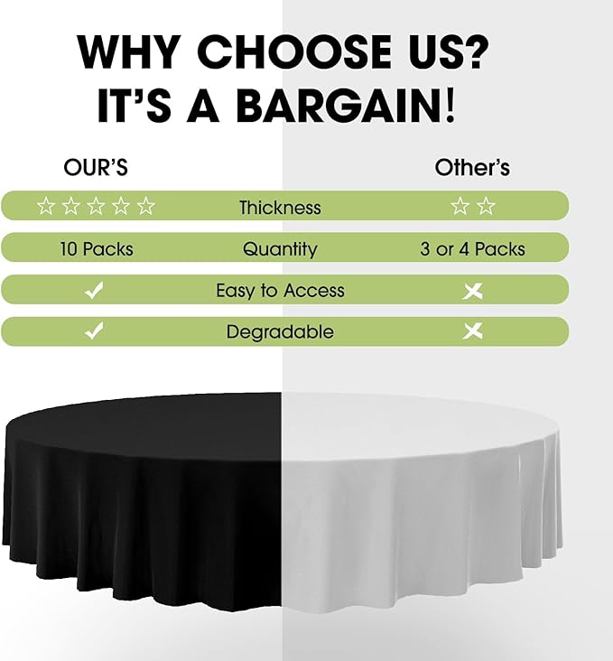Pureegg Plastic Table Cloth Disposable 10 Pack, 84'' Round Table Cloths, Halloween Party Decorations, Summerween Decor, Halloween Tablecloths, Round, Plastic Cover, Leakproof & Sturdy, Black