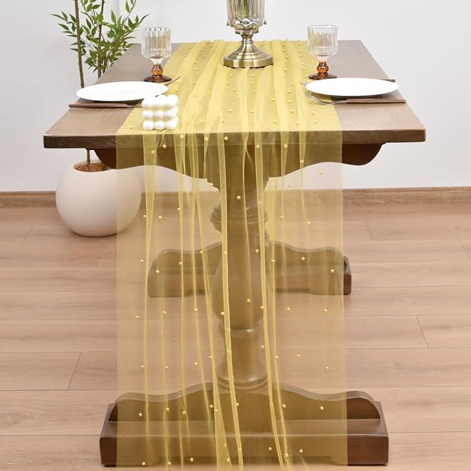 Joanlody Fall Pearl Table Runner 10ft Rustic Boho Tulle Table Runner with Pearls for Baby Shower Wedding Party Veil Dessert Thanksgiving Table Decor Yellow 4pcs