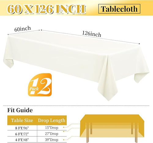 12 Pack 60 x 126 Inch Rectangle Tablecloth Ivory Polyester Tablecloth for 8 Ft Rectangle Tables, Washable Fabric Table Cloth for Wedding Dining Table Buffet Parties Camping