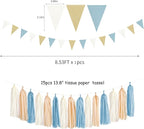 Light-Dusty Blue Beige-Champagne Boho Party Decorations - 23pcs Baby Bridal Shower Tissue Pom Poms Streamers,Women Girls Birthday Tassel Garland Banner,Bachelorette Wedding Decor Backdrop Ouruola