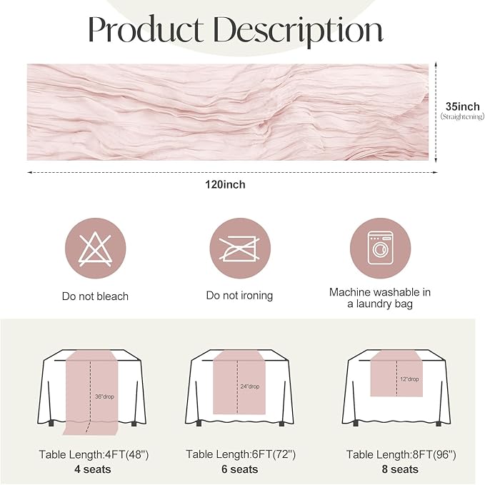 2 Pcs Dusty Pink Cheesecloth Table Runner - 120 inch 10FT Boho Rustic Gauze Cheese Cloth Table Runner Decor for Spring Summer Party Wedding Birthday Baby Bridal Shower Home
