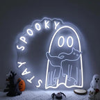 Ghost holding a cat Stay Spooky Neon Sign, Funny Halloween Party Wall Decor, Spooky Season Room Sign for Boo Wall Decor Neon Light for Bar Man Cave Home Yard Decoration Funny Spooky Vibes-White