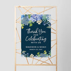 Andaz Press Personalized Extra Large Wedding Easel Board Party Sign, 12x18-inch, Baby Blue Hydrangea Floral Flowers on Navy, Thank You for Celebrating With Us Bride Groom Name Date, 1-Pack, Custom