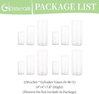 Glasseam Cylinder Vases Set of 12, Hurricane Candle Holder Clear Different Sizes, Modern Glass Cylinder Vase, Glass Vases for Centerpieces for Home Decor Wedding Centerpieces, Events, 4''+ 6''+7.8''