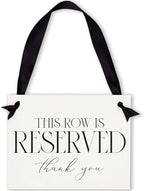 Ritzy Rose Set of 2 Reserved Row Sign for Wedding Ceremony Chairs or Events - Thick Paper Banner for Seating - White Linen Cardstock with Black Font and Black Satin Ribbon - 11x8.5 inches