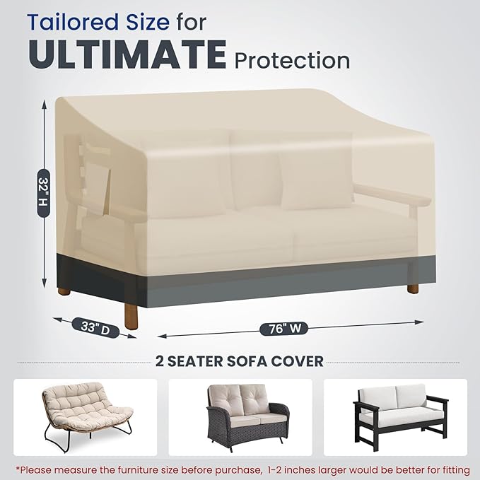 Extra Heavy Duty 2 Seater Outdoor Couch Cover Waterproof Up to 8000pa, Patio Furniture Sofa Covers with Air Vent, Outdoor Loveseat Bench Cover, 76" W x 33" D x 32"H