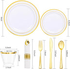 350Piece Gold Dinnerware Set for 50 Guests - Gold Plastic Plates with Disposable Cutlery Include:50Dinner Plates-50Dessert Plates-50Pre Rolled Napkins with Silverware for Thanksgiving