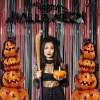 BRAVESHINE Tinsel Photo Backdrop Curtains - 2 Pack 3.2x8.2ft Black Red Foil Fringe Streamer Curtain for Halloweens, Lantern, Pumpkin, Home, Indoor or Outdoor Party Supplies Decorations
