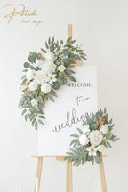 Faux Flower Swag Set of 2 for Wedding Welcome Signs Floral Swag Wedding Reception Ceremony Signs Decor (A-White)