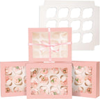 Bakepacker Auto-pop up 12 Cupcake Containers 6-Packs Pink Cupcakes Carrier, 12 Cupcake Boxes with Window 13"x10"x3.5"
