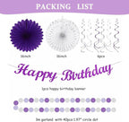 Purple and Silver Party Decorations-21PCS Happy Banner,Paper Lanterns Streamers,Tissue Pom Poms Honeycomb Flower Fan, Baby Bridal Shower Wedding Retirement Bachelorette Hanging Supplies Decor