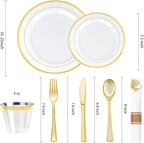 BESTVIP 700PCS Gold Plastic Dinnerware Set for 100 Guests, Disposable Plates for Party, Include: 200 Plastic Plates, 100 Pre Rolled Napkins with Gold Silverware, 100 Cups for Christmas, Halloween