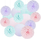 Blue Pink Purple Party Decorations - 15Pcs Tissue Pom Poms Paper Flowers Paper Lanterns Mermaid Birthday Party Baby Shower Lavender Wedding Hanging Decor