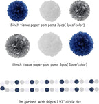 Navy Blue White Silver Party Decorations,23pcs Kit Graduation 2025 Tissue Paper Pom Poms Streamers,Tassel Garland Banner Flowers,Men Birthday Bachelorette Baby Shower Christmas Decor Lasting Surprise