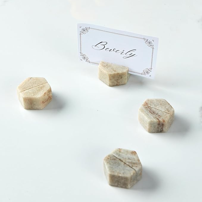 Marble Hexagon Place Card Holders, Unique Design Handmade Photo Display, Set of 4 Uniquely Textured Card Stands, Perfect for Table Decoration, Dinner Party and Wedding