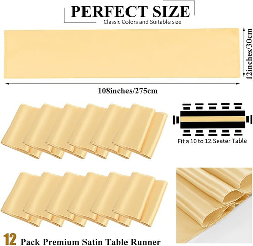 12 Pack Champagne Gold Satin Table Runner,12 x 108 inch Long Premium Smooth Table Runner for Wedding,Banquets,Birthday,Party,Graduation,Engagements,Table Runners fit Rectangle and Round Table